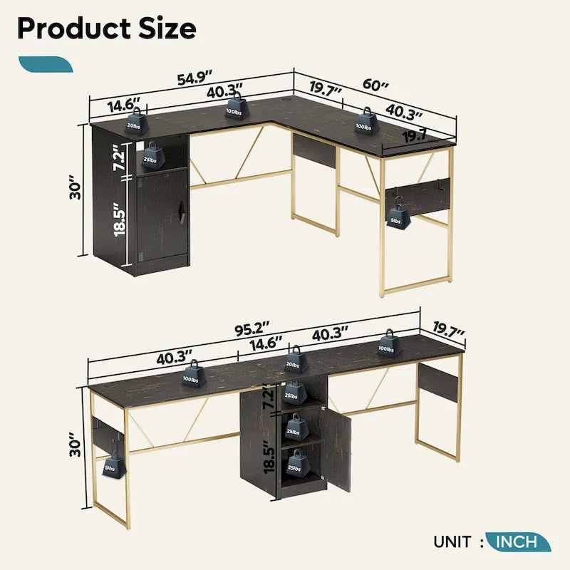 60" L-Shaped Desk with Storage Cabinet and Office Computer Desk