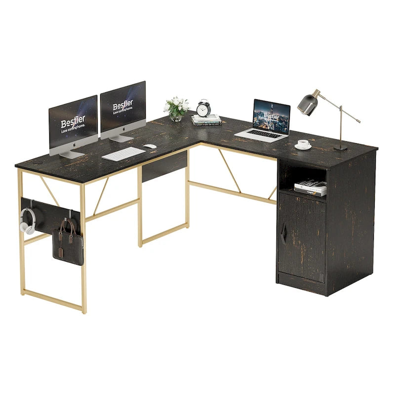 60" L-Shaped Desk with Storage Cabinet and Office Computer Desk