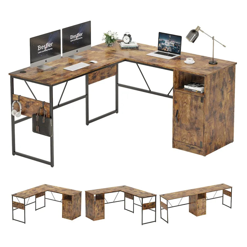 60" L-Shaped Desk with Storage Cabinet and Office Computer Desk