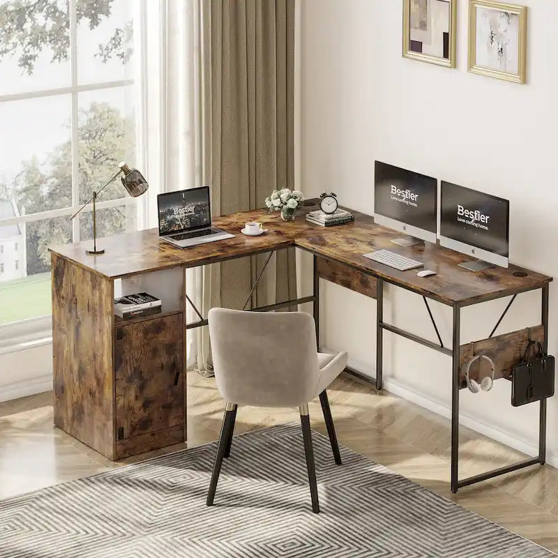 60" L-Shaped Desk with Storage Cabinet and Office Computer Desk