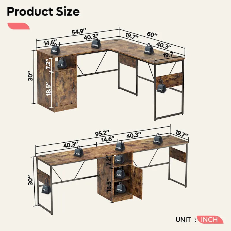 60" L-Shaped Desk with Storage Cabinet and Office Computer Desk