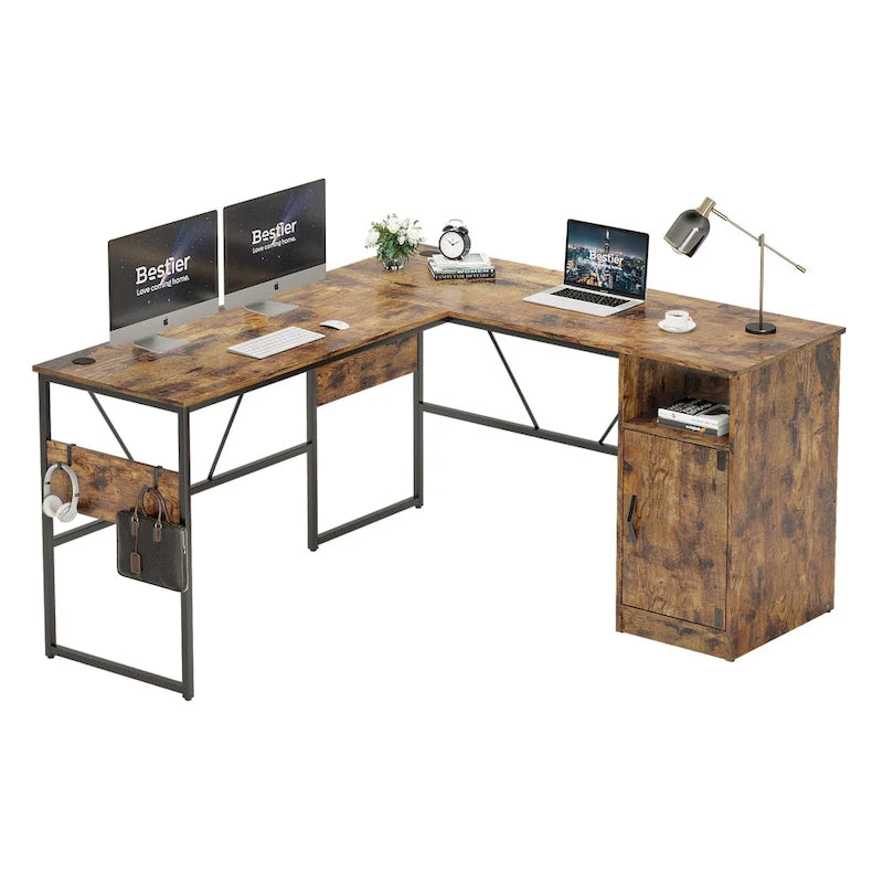 60" L-Shaped Desk with Storage Cabinet and Office Computer Desk