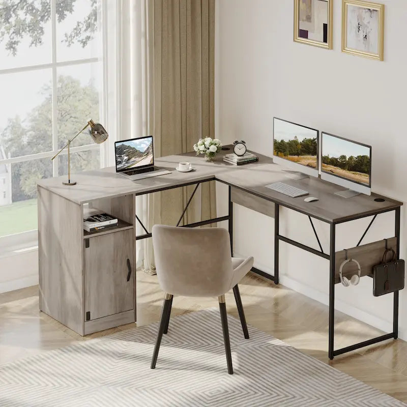 60" L-Shaped Desk with Storage Cabinet and Office Computer Desk