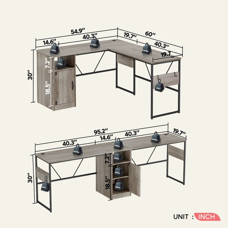 60" L-Shaped Desk with Storage Cabinet and Office Computer Desk