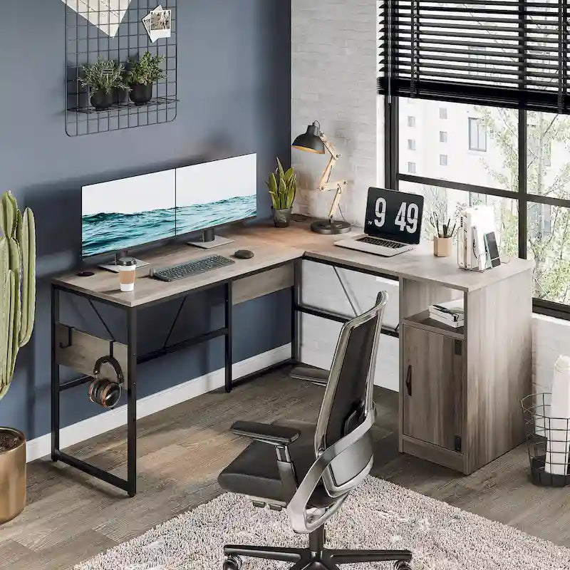 60" L-Shaped Desk with Storage Cabinet and Office Computer Desk