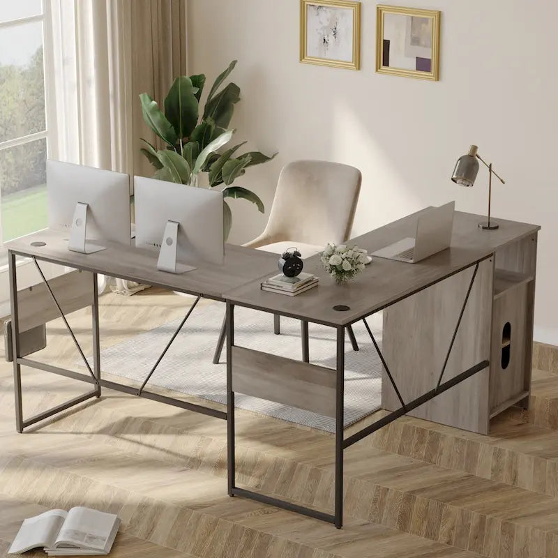 60" L-Shaped Desk with Storage Cabinet and Office Computer Desk