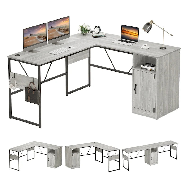 60" L-Shaped Desk with Storage Cabinet and Office Computer Desk