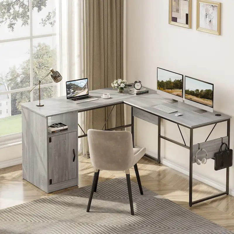 60" L-Shaped Desk with Storage Cabinet and Office Computer Desk