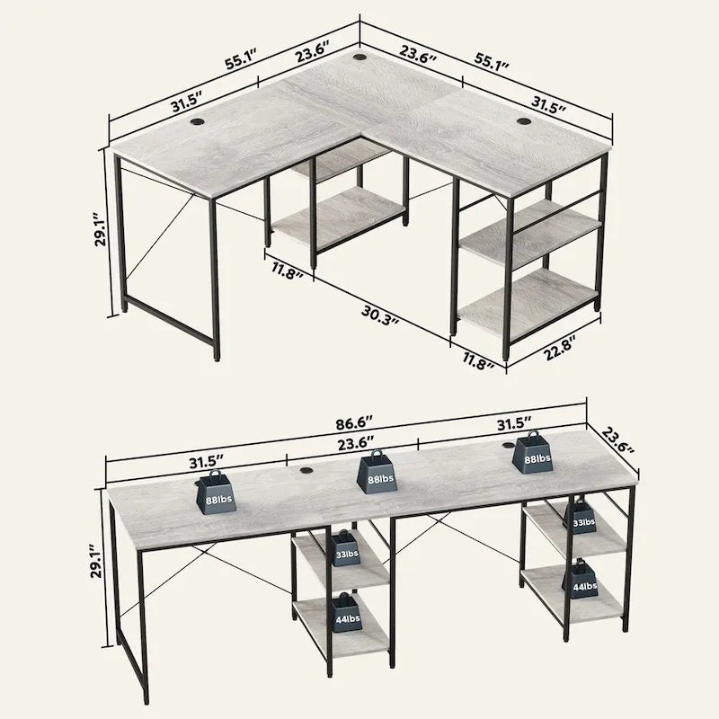 60" L-Shaped Desk with Storage Cabinet and Office Computer Desk