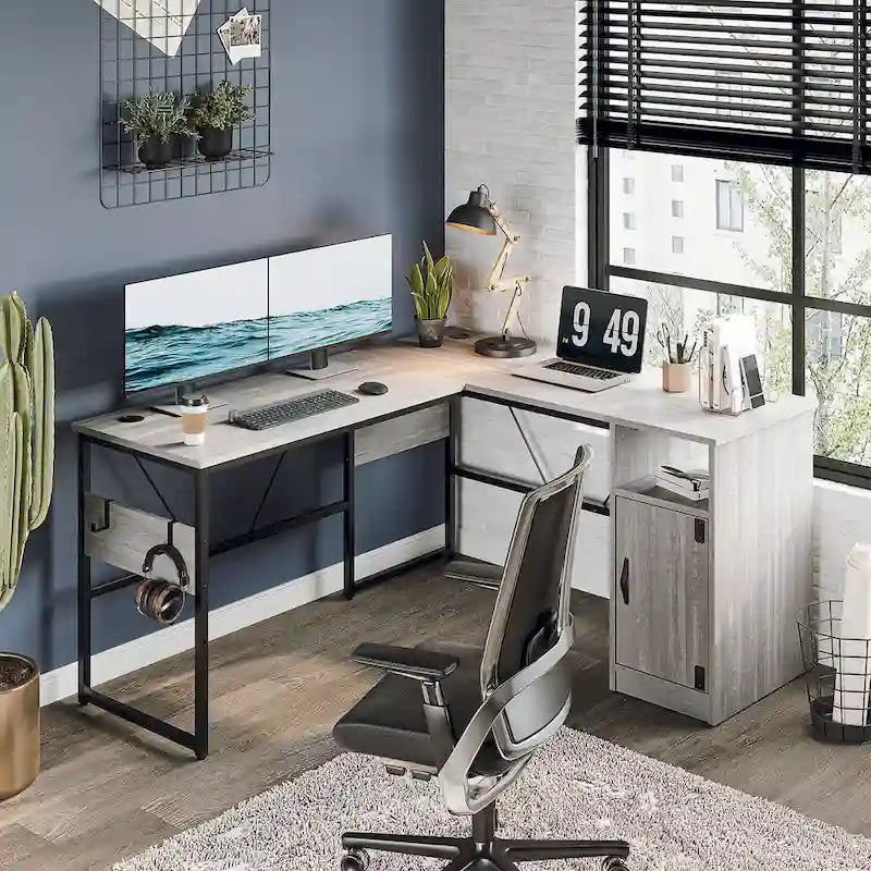60" L-Shaped Desk with Storage Cabinet and Office Computer Desk