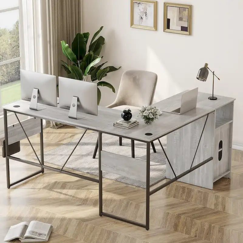 60" L-Shaped Desk with Storage Cabinet and Office Computer Desk