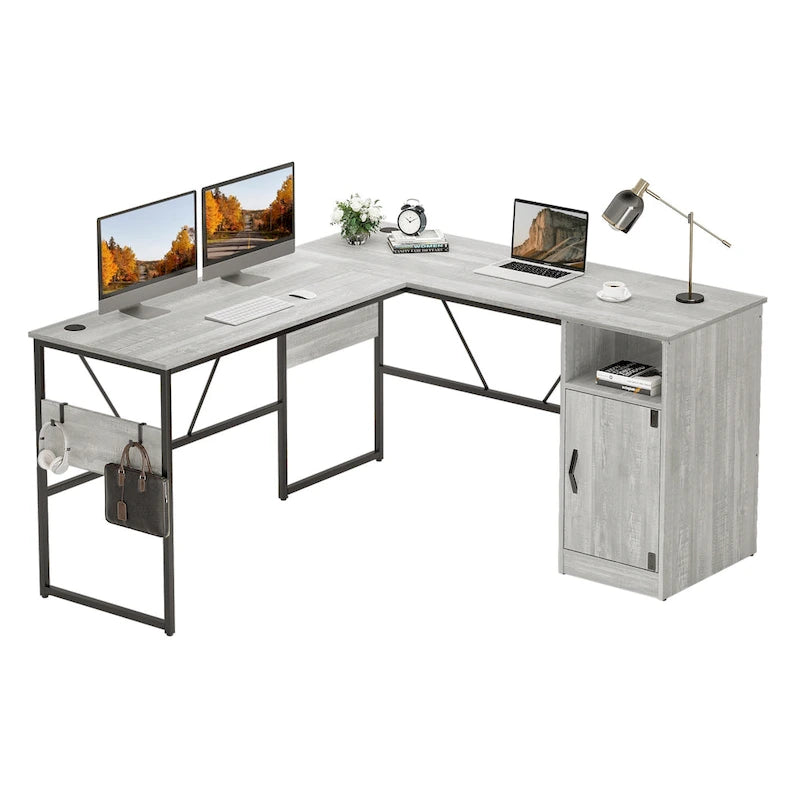 60" L-Shaped Desk with Storage Cabinet and Office Computer Desk