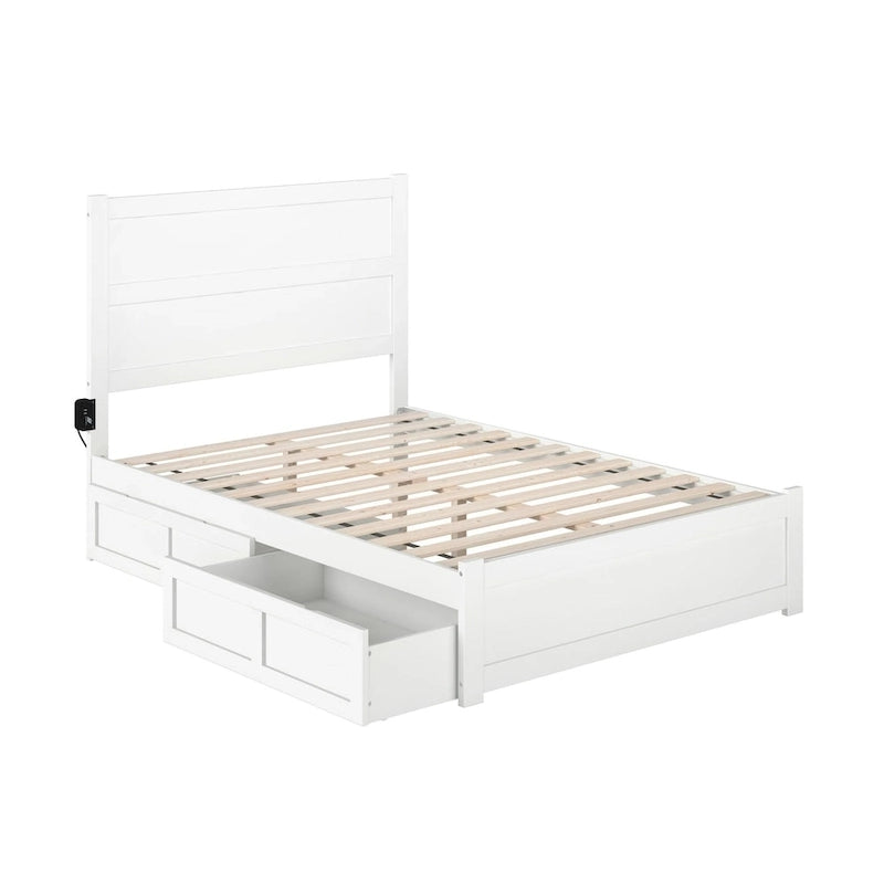 Full Platform Bed with Footboard, 2 Storage Drawers and Charging Station, White