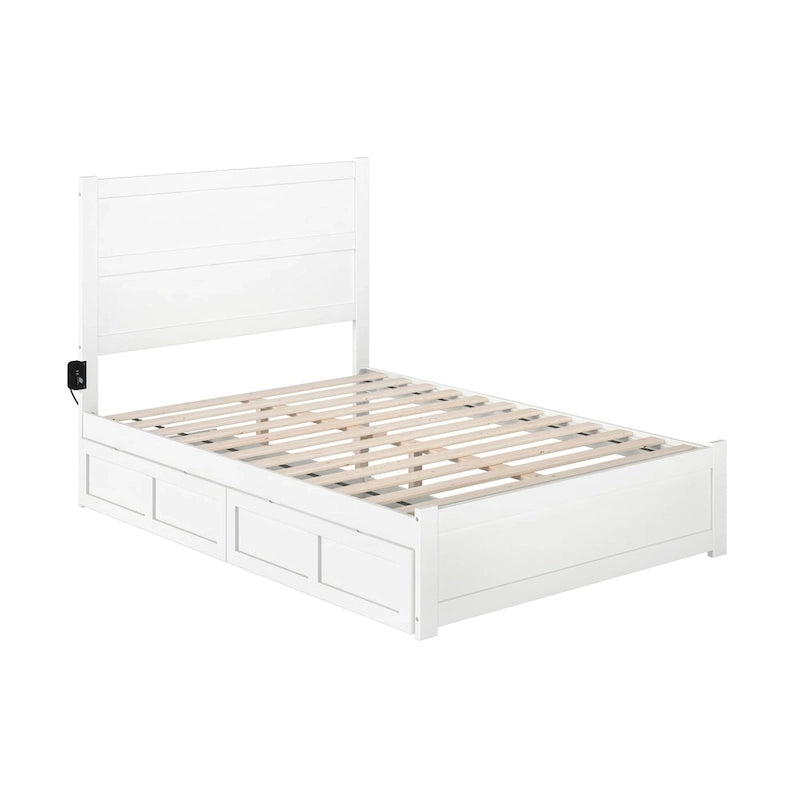 Full Platform Bed with Footboard, 2 Storage Drawers and Charging Station, White