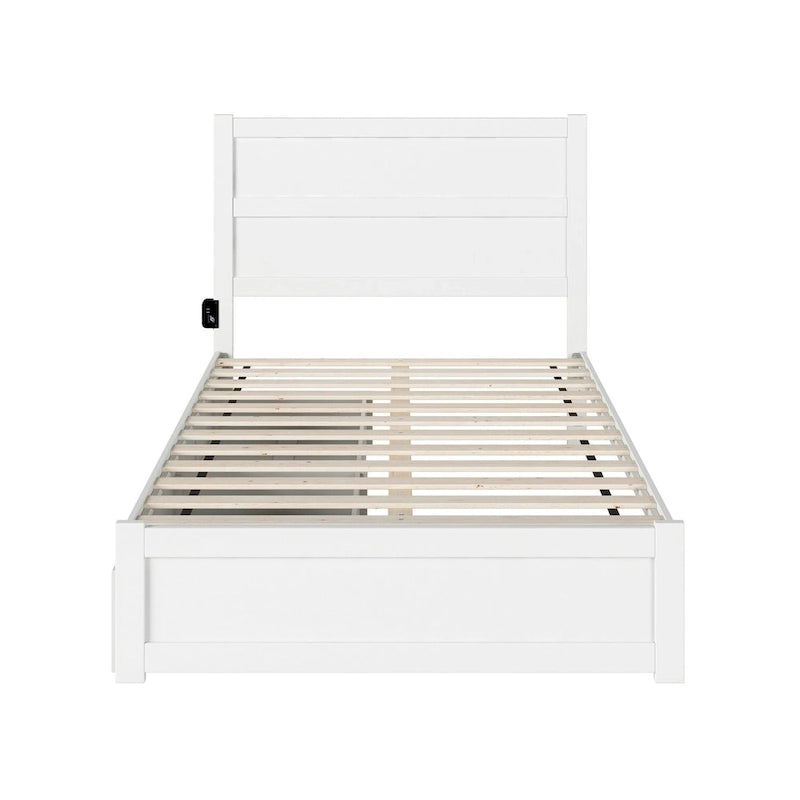 Full Platform Bed with Footboard, 2 Storage Drawers and Charging Station, White