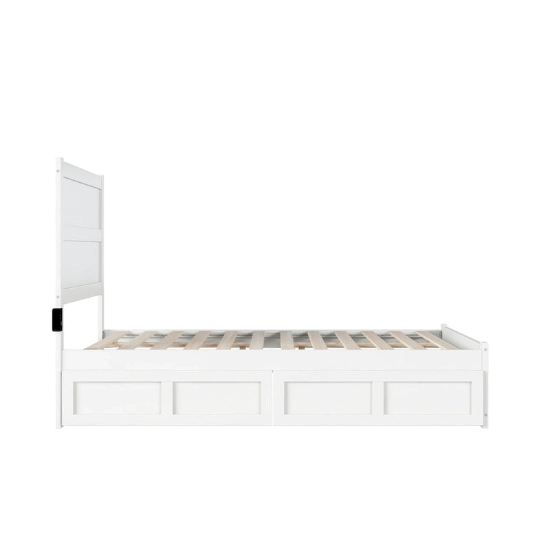 Full Platform Bed with Footboard, 2 Storage Drawers and Charging Station, White