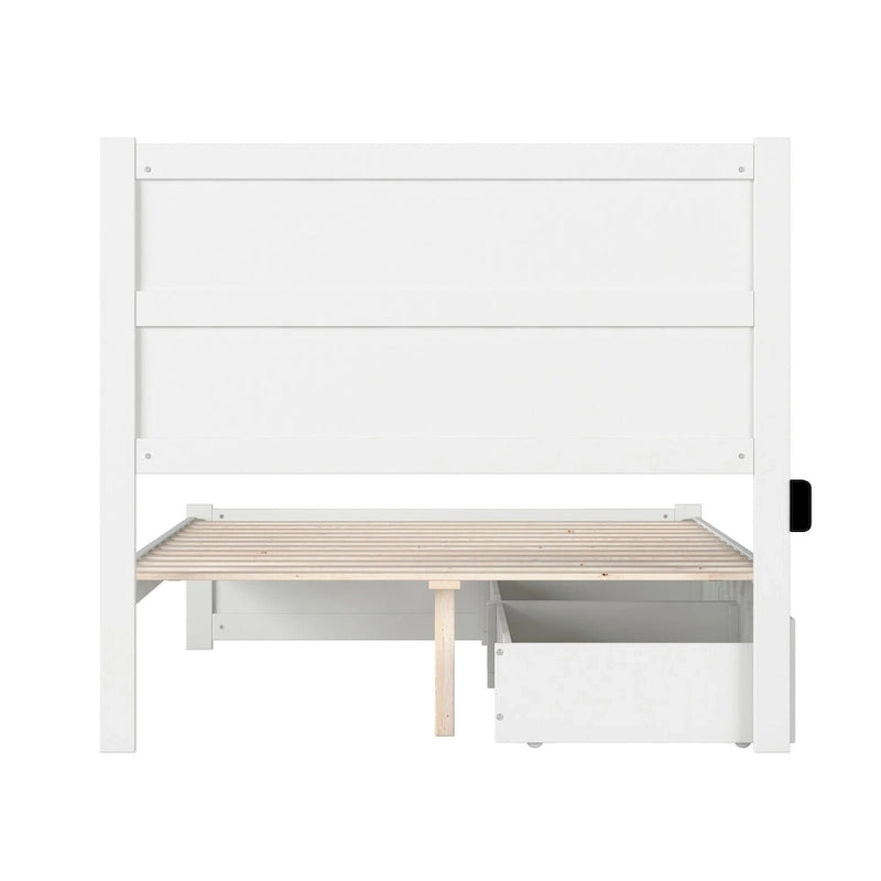 Full Platform Bed with Footboard, 2 Storage Drawers and Charging Station, White