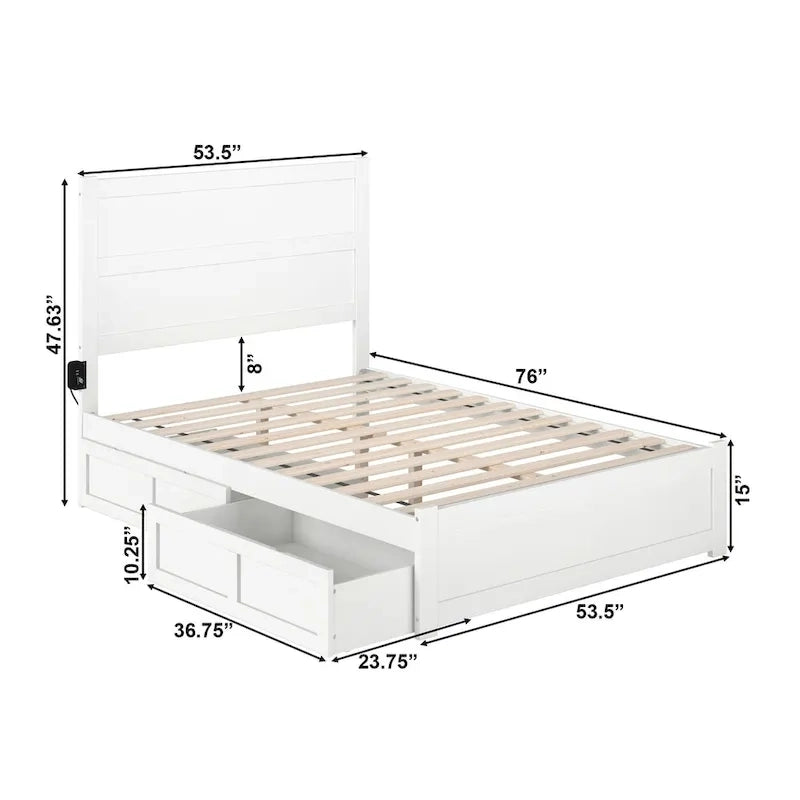 Full Platform Bed with Footboard, 2 Storage Drawers and Charging Station, White