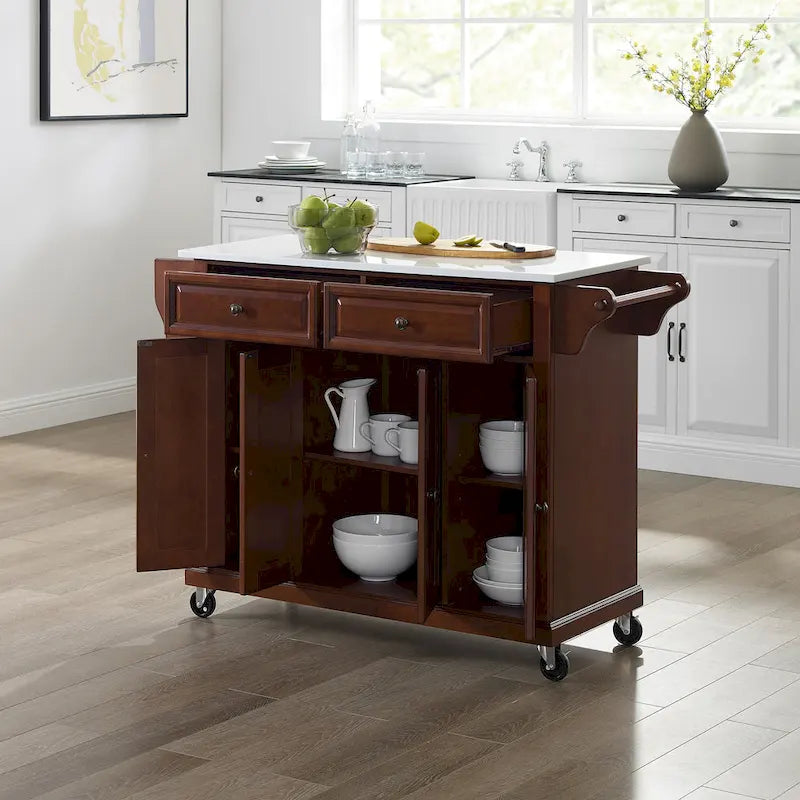 Full-Size Granite Top Kitchen Cart with 3 Cabinets and 2 Drawers, Mahogany