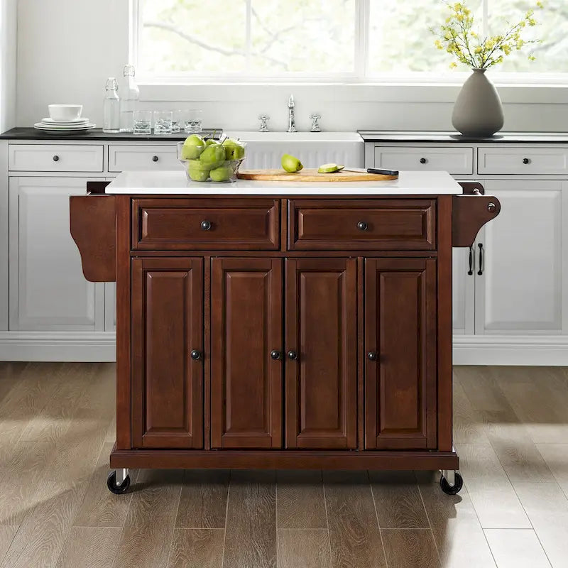 Full-Size Granite Top Kitchen Cart with 3 Cabinets and 2 Drawers, Mahogany