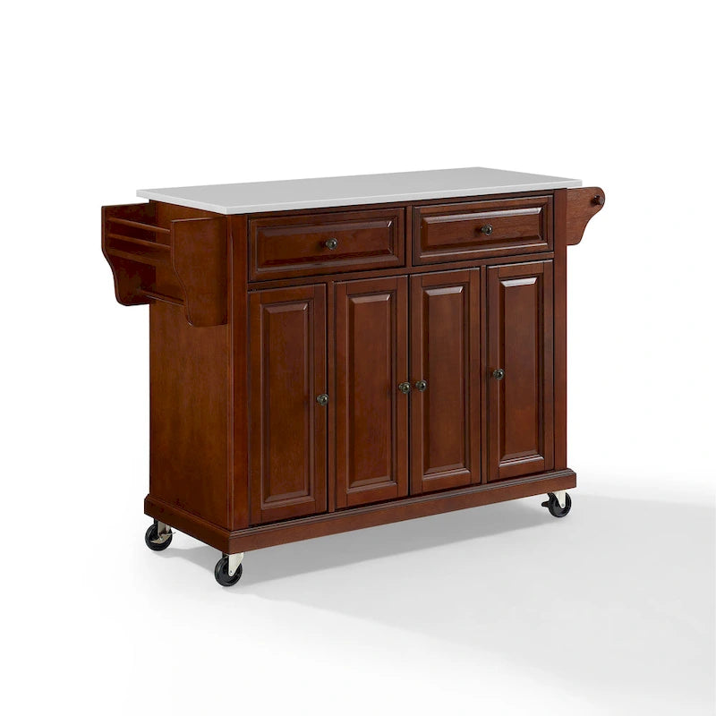 Full-Size Granite Top Kitchen Cart with 3 Cabinets and 2 Drawers, Mahogany