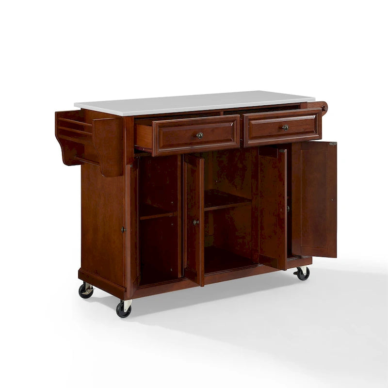 Full-Size Granite Top Kitchen Cart with 3 Cabinets and 2 Drawers, Mahogany
