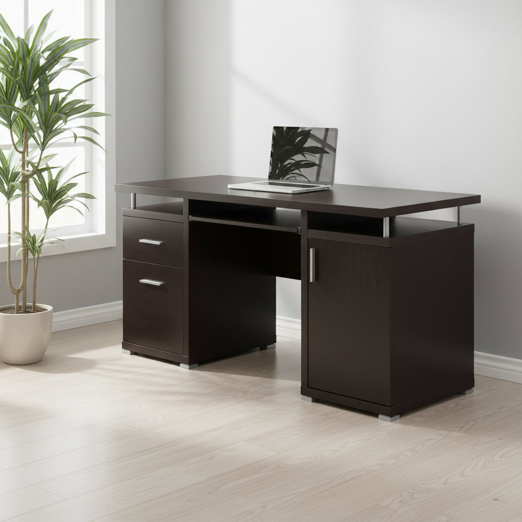 Luxurious Computer Desk with 2 Drawers and Cabinet, Brown