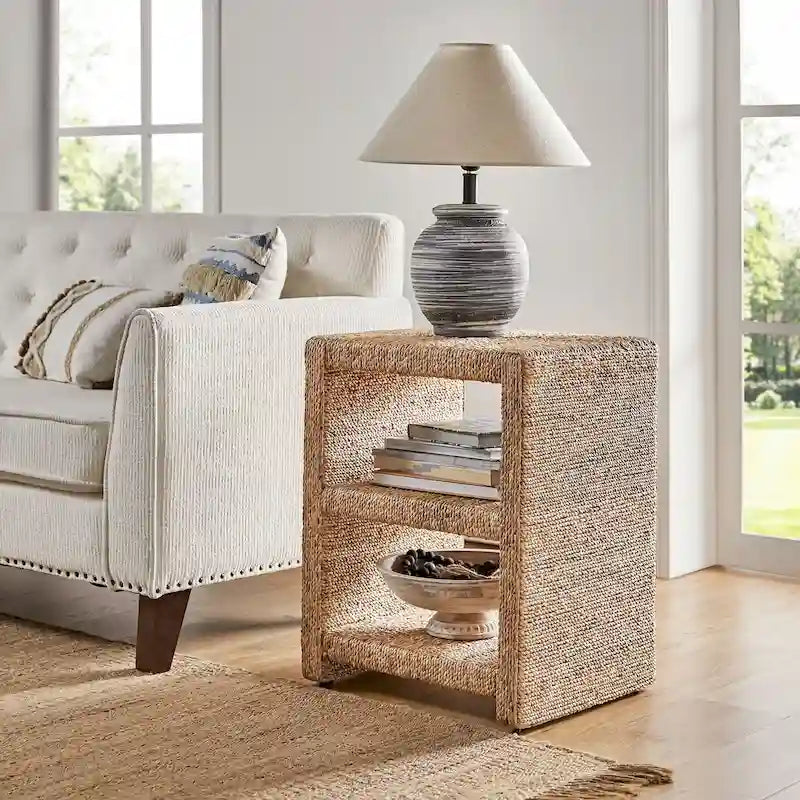 Grass Rope Side Table with Two Open Shelves, 24" Tall