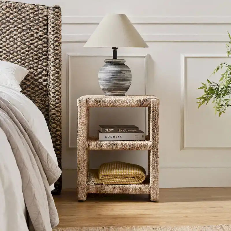 Grass Rope Side Table with Two Open Shelves, 24" Tall