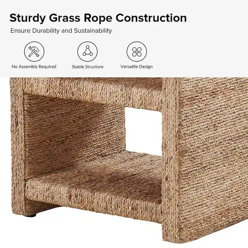 Grass Rope Side Table with Two Open Shelves, 24" Tall