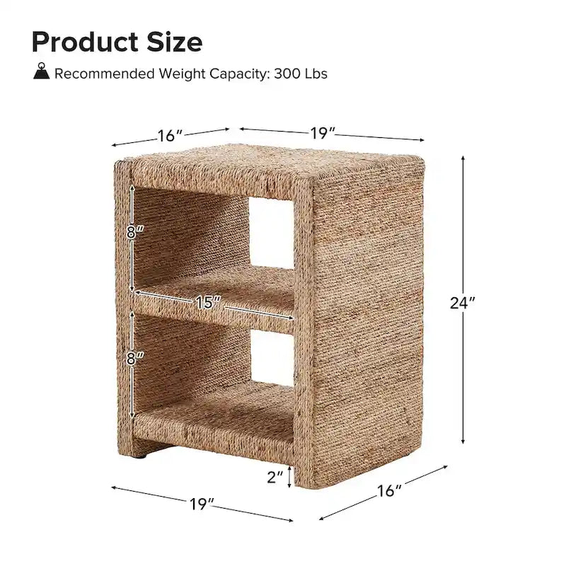 Grass Rope Side Table with Two Open Shelves, 24" Tall