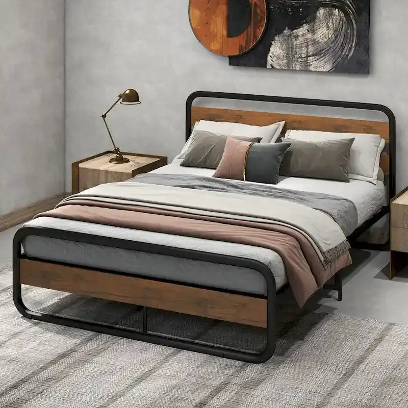 Metal Platform Bed Frame with Arc Headboard and Footboard, Black