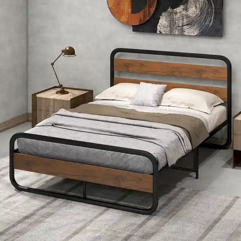 Metal Platform Bed Frame with Arc Headboard and Footboard, Black