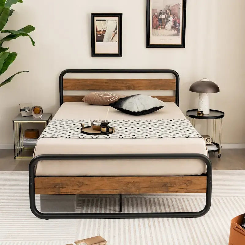 Metal Platform Bed Frame with Arc Headboard and Footboard, Black