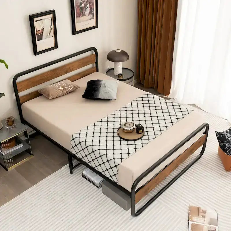 Metal Platform Bed Frame with Arc Headboard and Footboard, Black