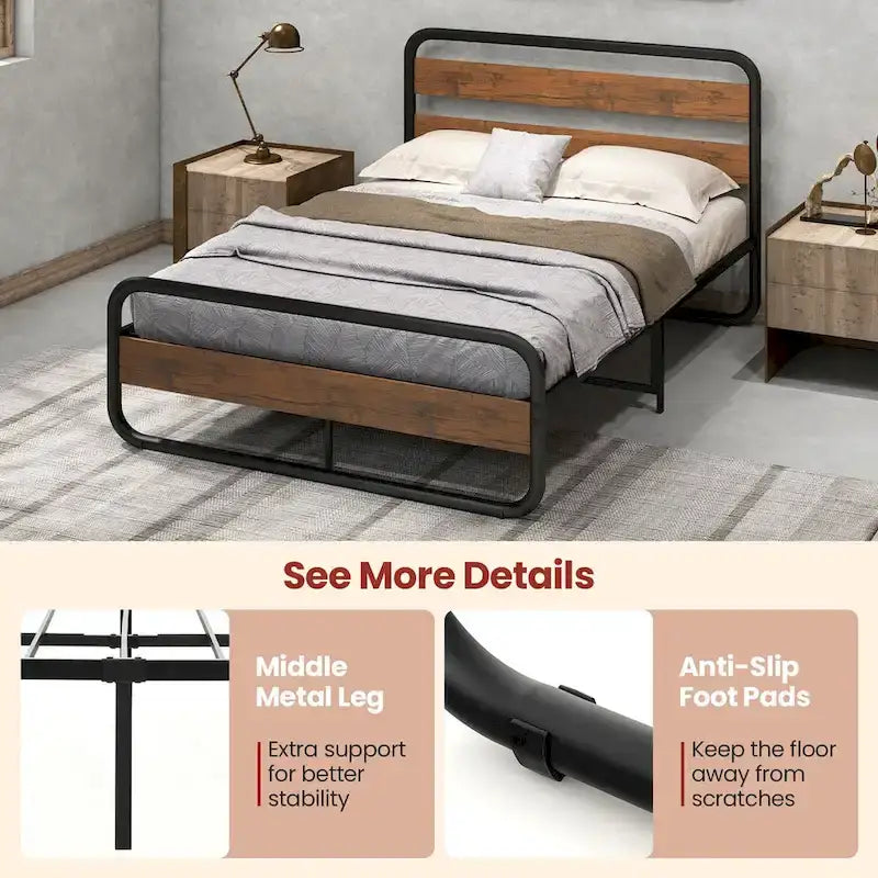 Metal Platform Bed Frame with Arc Headboard and Footboard, Black