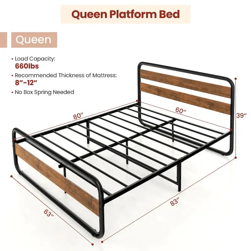 Metal Platform Bed Frame with Arc Headboard and Footboard, Black