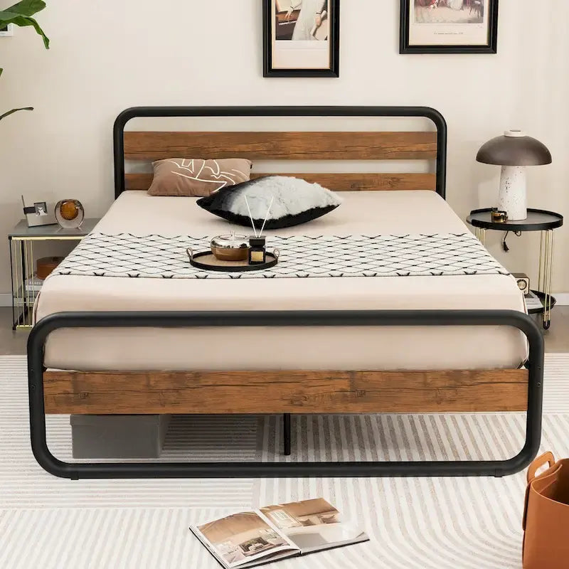 Metal Platform Bed Frame with Arc Headboard and Footboard, Black