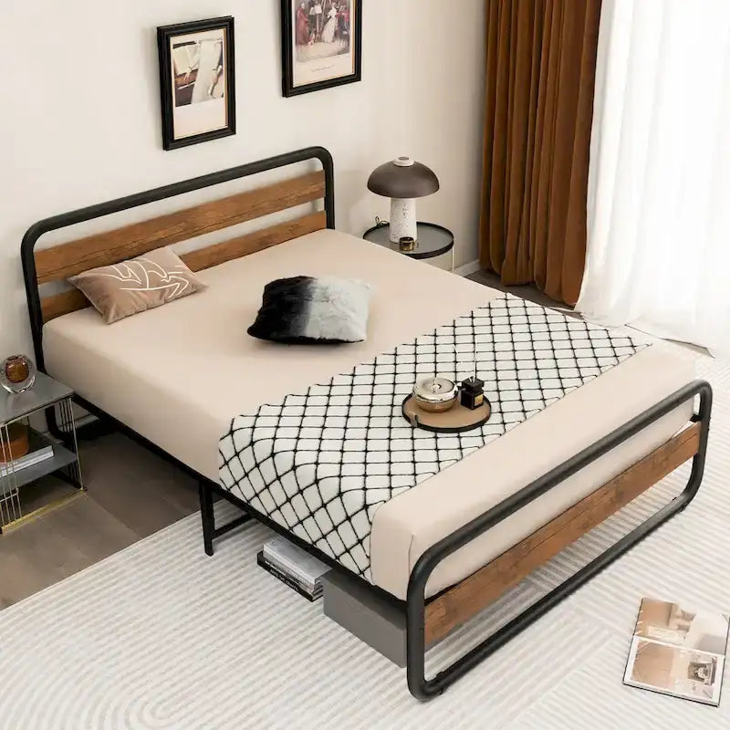 Metal Platform Bed Frame with Arc Headboard and Footboard, Black