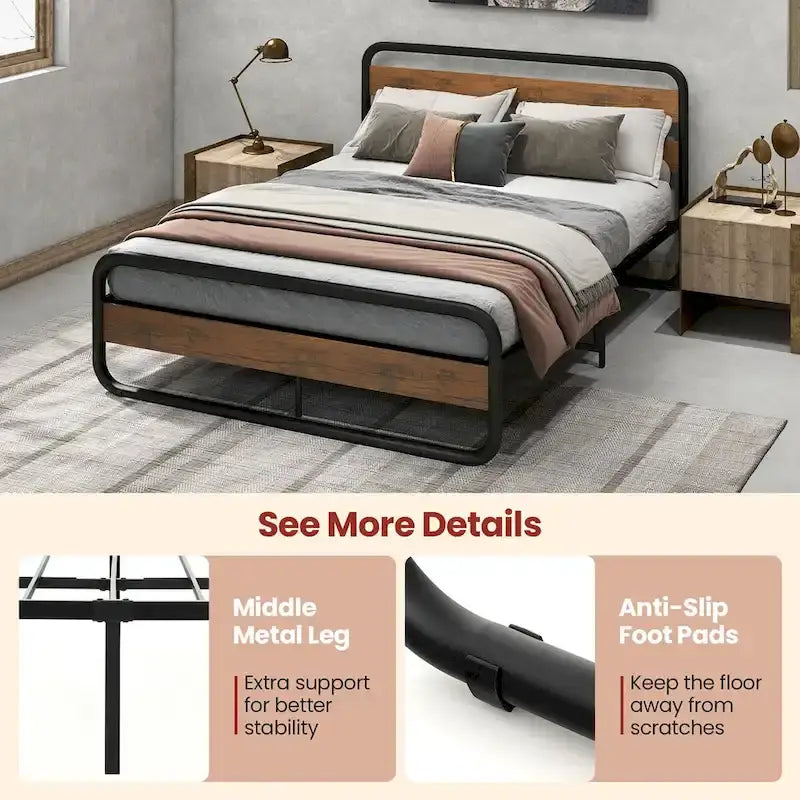 Metal Platform Bed Frame with Arc Headboard and Footboard, Black