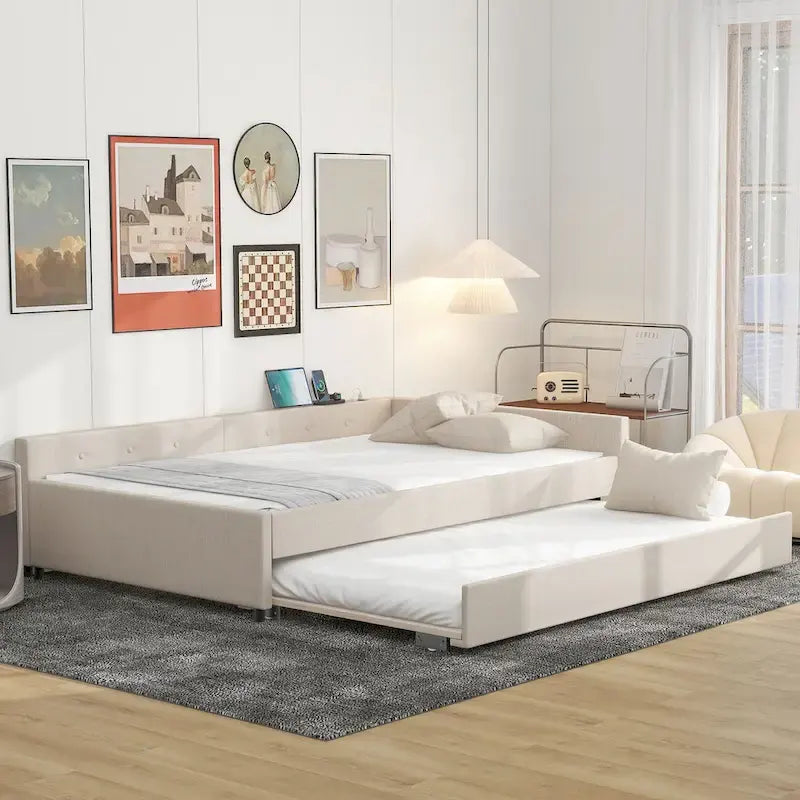 Full Upholstered Platform Bed with USB and Trundle