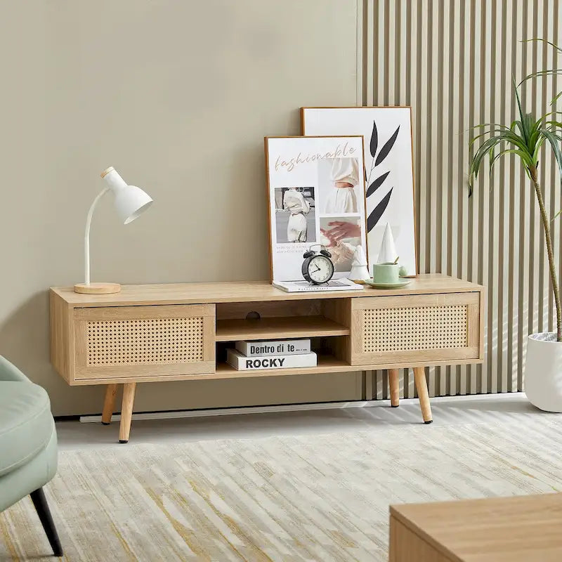 55.12 Rattan TV cabinet, double sliding doors for storage, adjustable shelf, solid wood legs, TV console