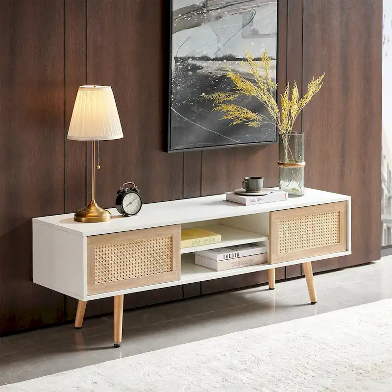 55.12 Rattan TV cabinet, double sliding doors for storage, adjustable shelf, solid wood legs, TV console