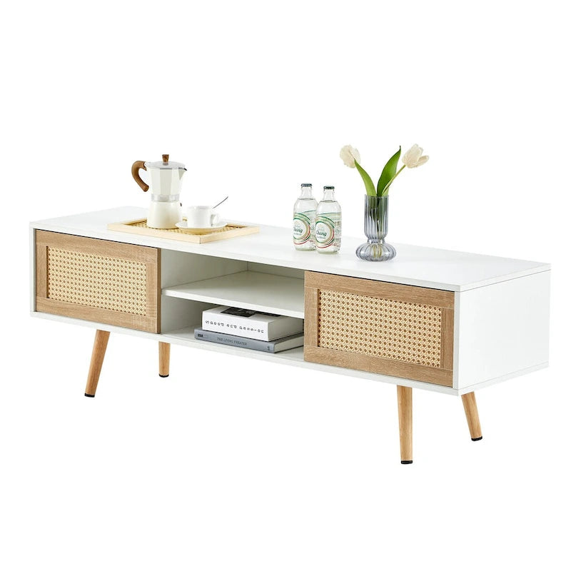 55.12 Rattan TV cabinet, double sliding doors for storage, adjustable shelf, solid wood legs, TV console