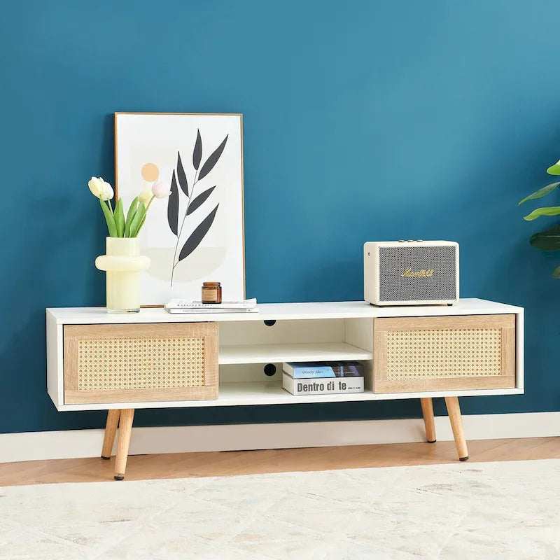 55.12 Rattan TV cabinet, double sliding doors for storage, adjustable shelf, solid wood legs, TV console