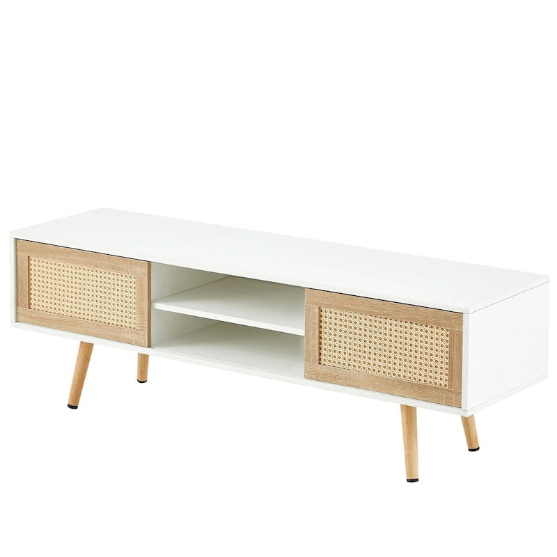 55.12 Rattan TV cabinet, double sliding doors for storage, adjustable shelf, solid wood legs, TV console