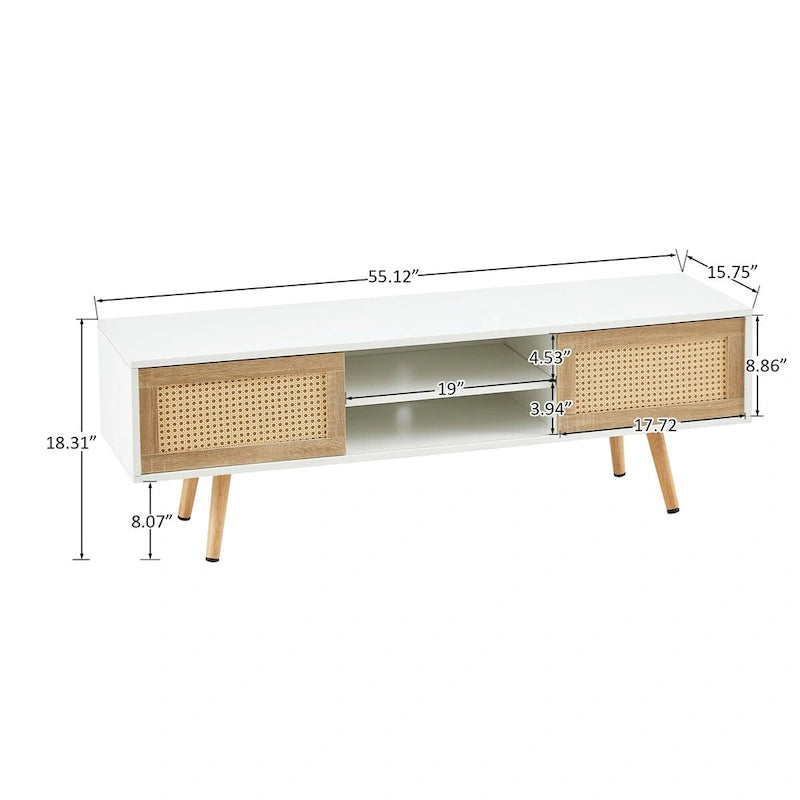 55.12 Rattan TV cabinet, double sliding doors for storage, adjustable shelf, solid wood legs, TV console