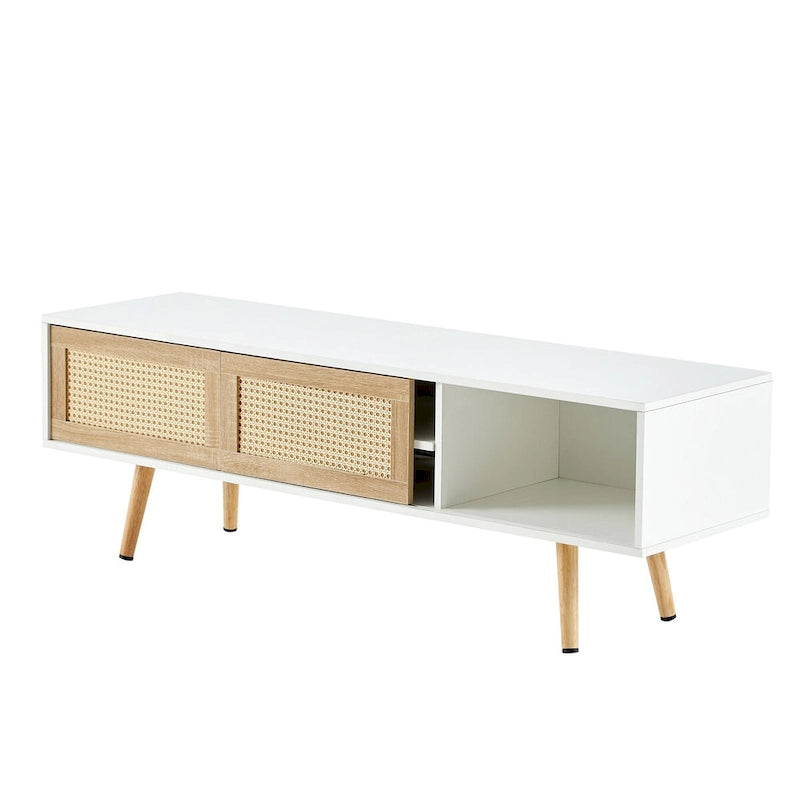 55.12 Rattan TV cabinet, double sliding doors for storage, adjustable shelf, solid wood legs, TV console