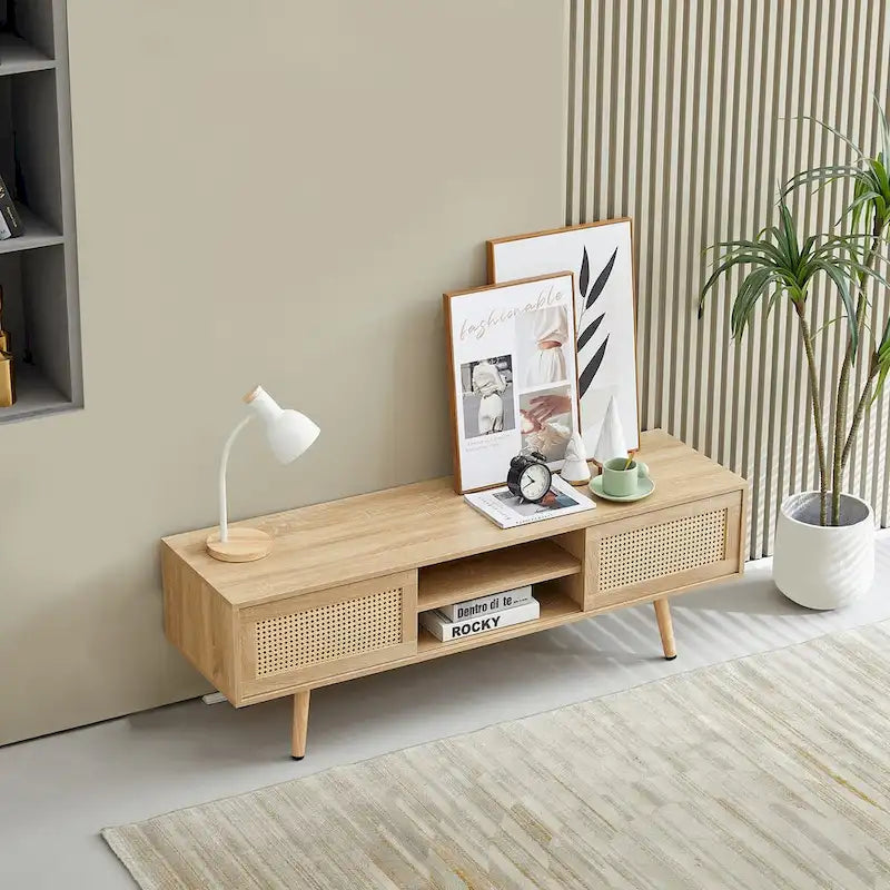 55.12 Rattan TV cabinet, double sliding doors for storage, adjustable shelf, solid wood legs, TV console
