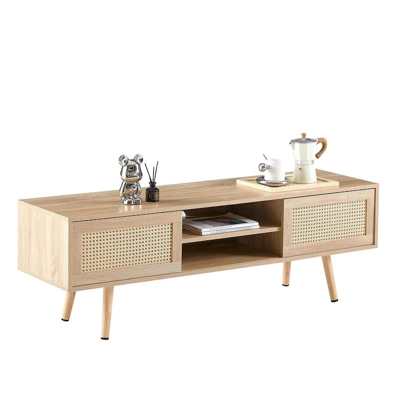 55.12 Rattan TV cabinet, double sliding doors for storage, adjustable shelf, solid wood legs, TV console